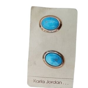 Vintage Karla Jordan Womens Earrings Studs Howlite Boho Blue Gold Tone Jewelry
